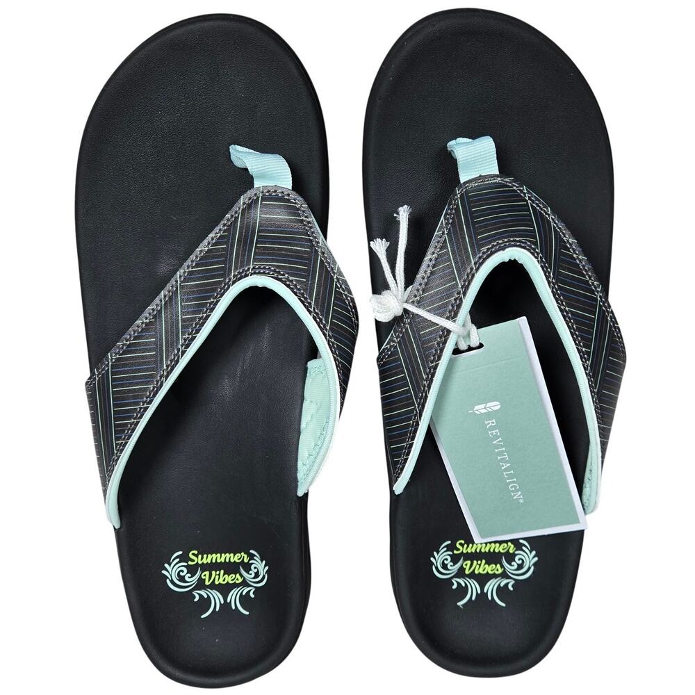 Revitalign Yumi Summer Stripe Women's Flip Flop Sandals Black Mint 12D
